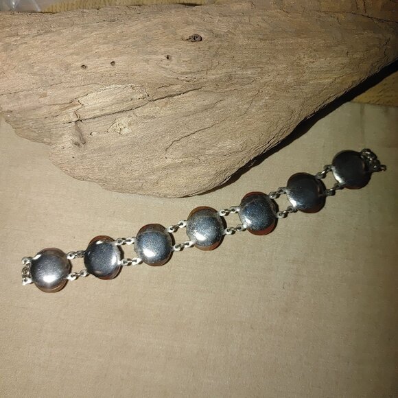 Silvertone Carnelian Agate looking Amber Link Bracelet Oval Cabochons Vintage - Picture 5 of 12